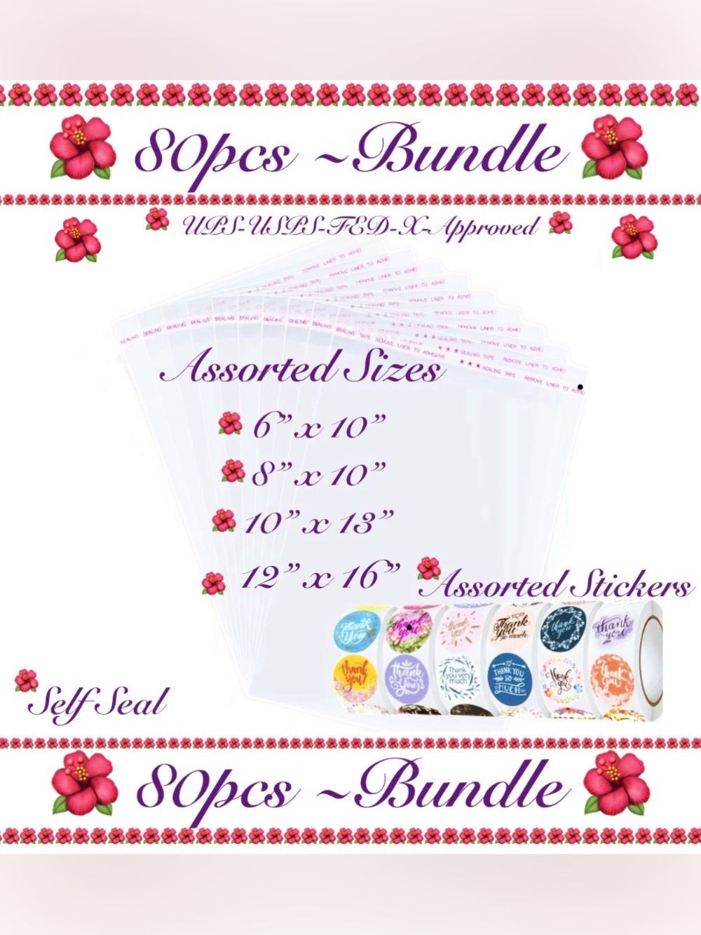80pcs~Bundle-Clear Bags 6x9”, 8x10”, 10x13” & 12x16” w/40 Thank You Stickers🌺🆕🌺